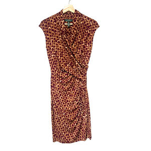 Lauren Ralph Lauren Faux Wrap Dress 4 Purple Tan Print Sleeveless V-Neck Stretch